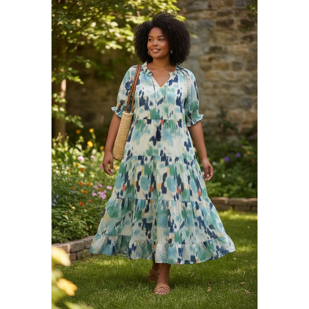 Jade Melody Tam Peasant Tassel Neck Tiered Swiss Dot Maxi Dress Size Medium